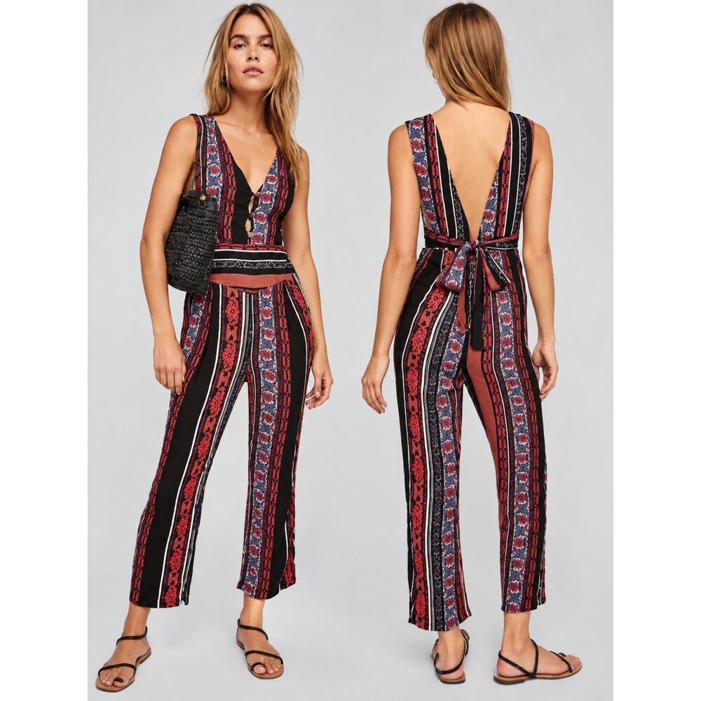 Free People All Shook Up Jumpsuit Deep V-Neck Tie Waist Sz 4 Boho Multi Print